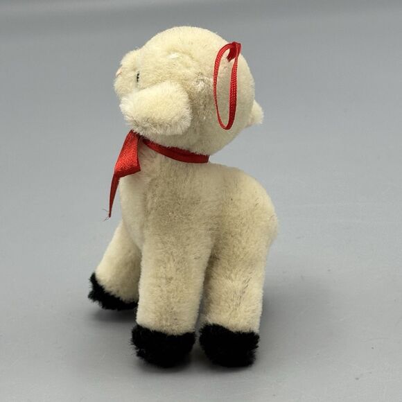 Vtg Philip Strahl Pelham NY Plush Lamb Christmas Ornament Red Satin Ribbons 4.5" - Picture 10 of 10